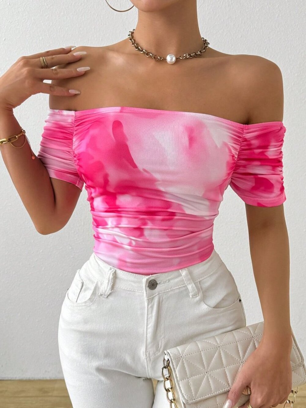 Pink Casual Women's Off-Shoulder Floral Pleated T-Shirt